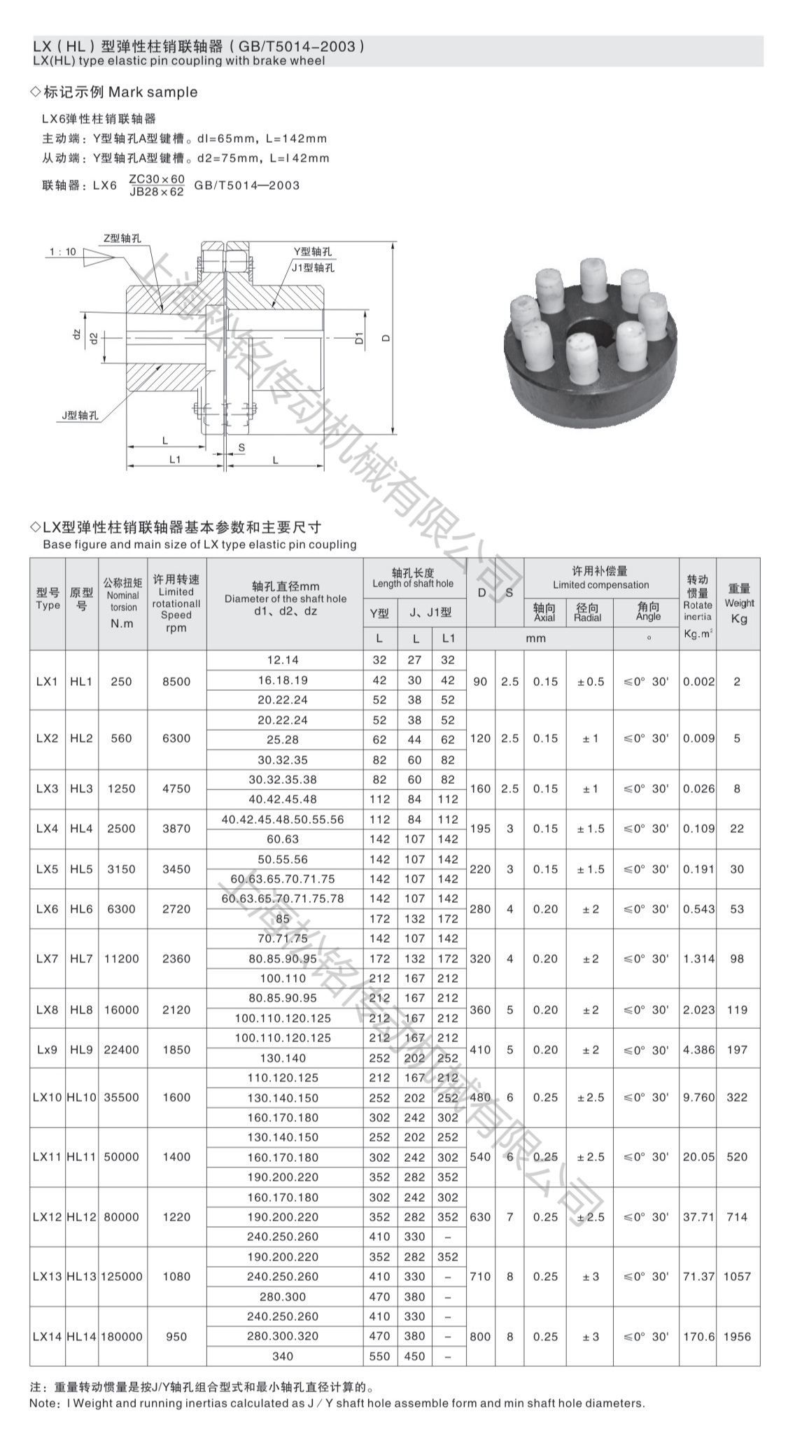 HL-LX 弹性柱销联轴器GB5014-2003选型标准参数表